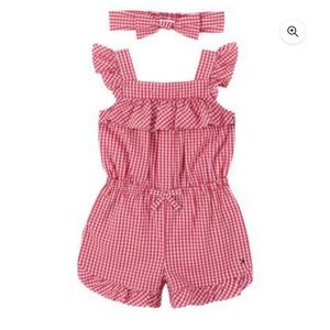 Tommy Hilfiger Baby Girl Gingham Sunsuit Shorts And Headband romper Red White 6M